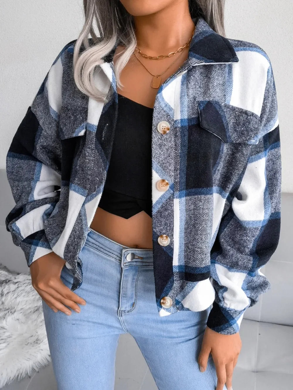 Plaid Collared Neck Long Sleeve Jacket - Piña Colada