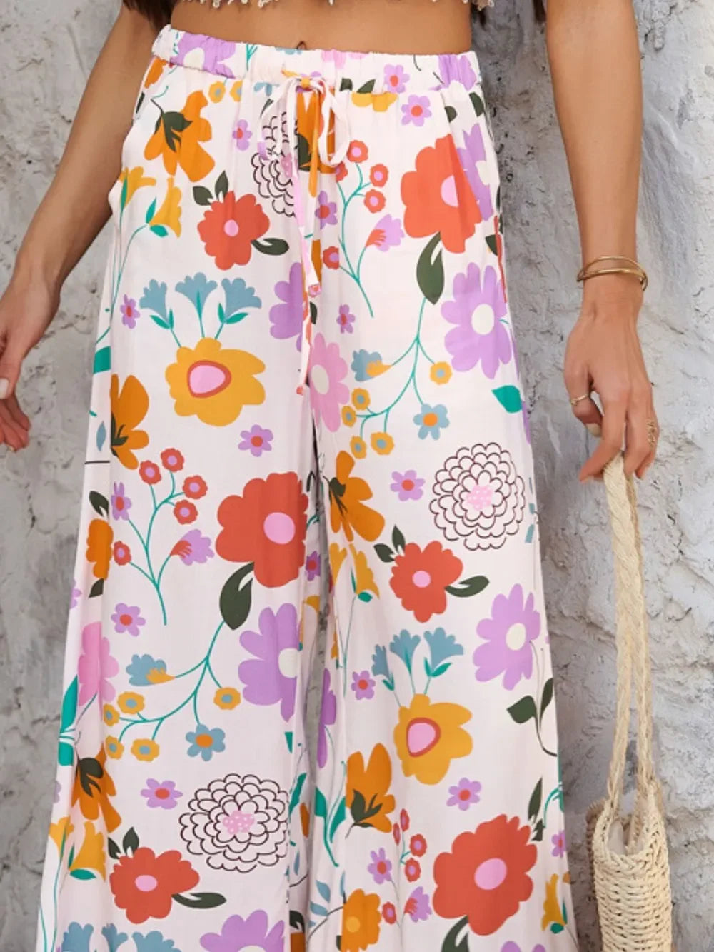 Devine Drawstring Printed Wide Leg Pants - Piña Colada