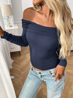 Off-Shoulder Long Sleeve Fitted T-Shirt - Piña Colada