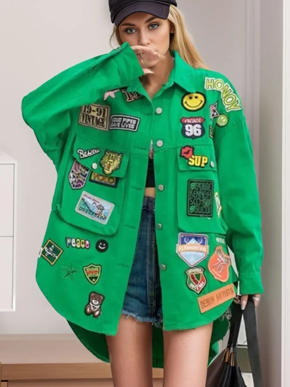 Embroidered Patch Button Up Long Sleeve Denim Jacket - Piña Colada