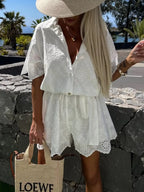 Eyelet Lace Button-Up Romper - Piña Colada