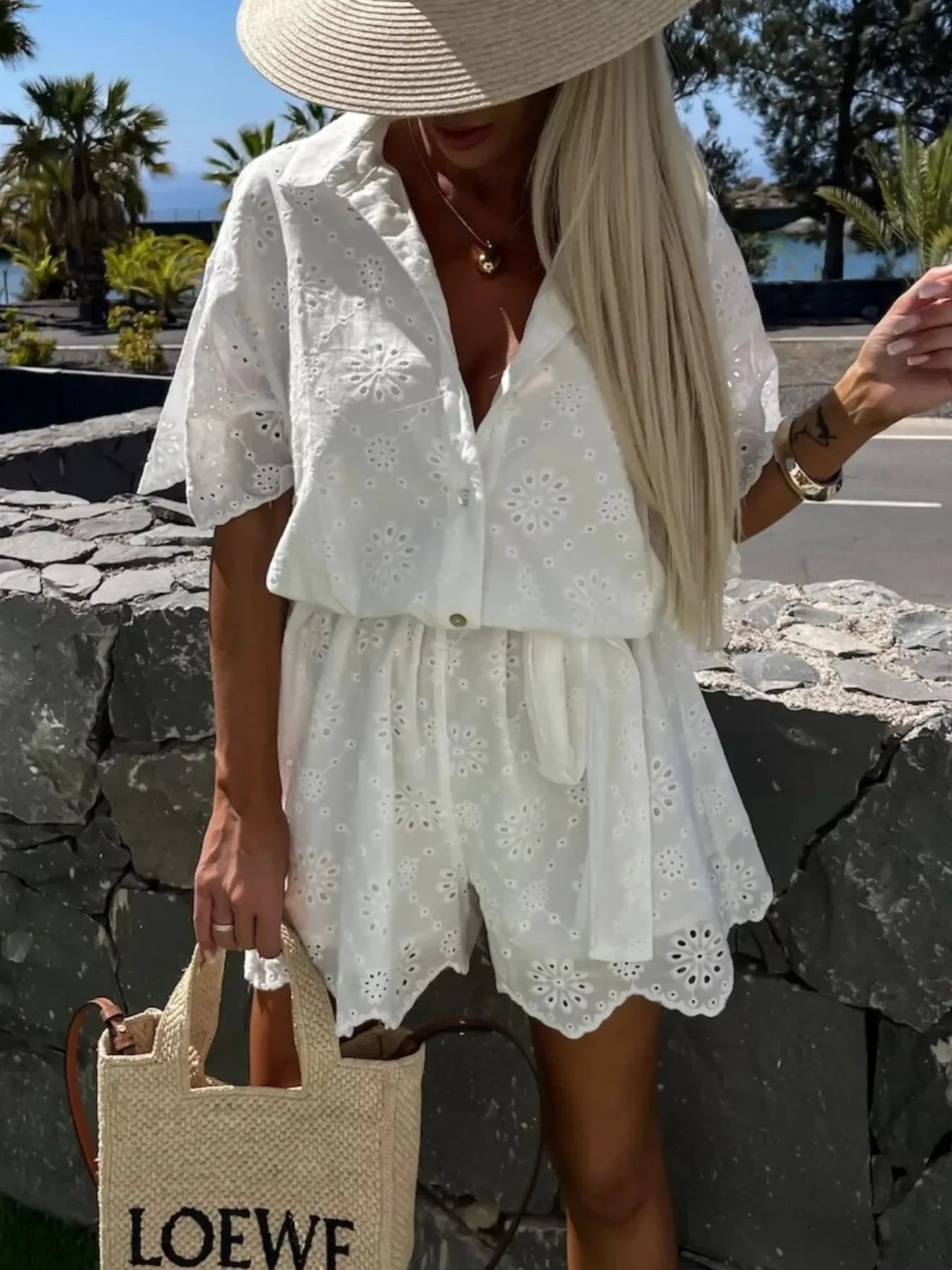 Eyelet Lace Button-Up Romper - Piña Colada