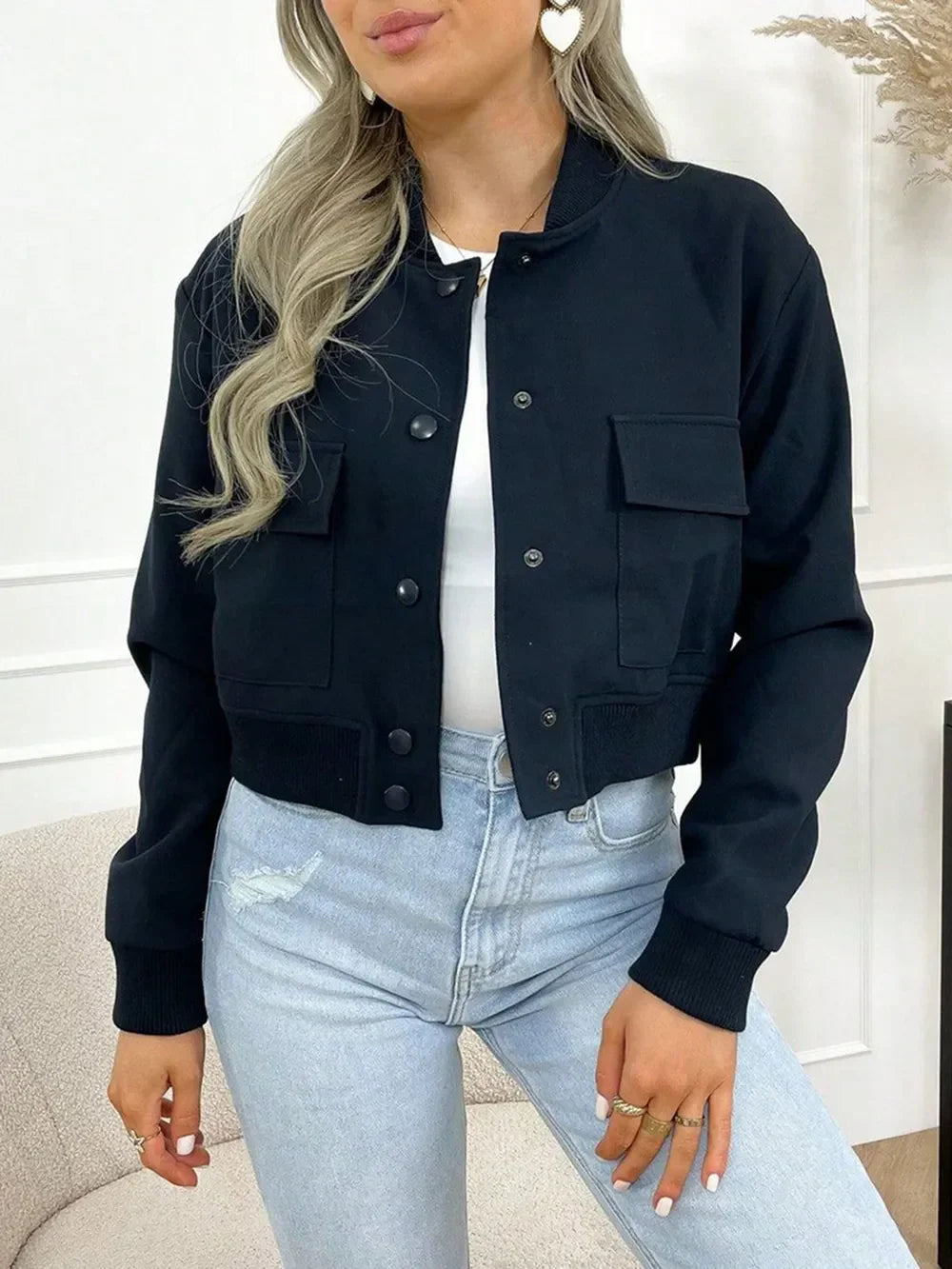 Pocketed Snap Down Baseball Collar Jacket - Piña Colada