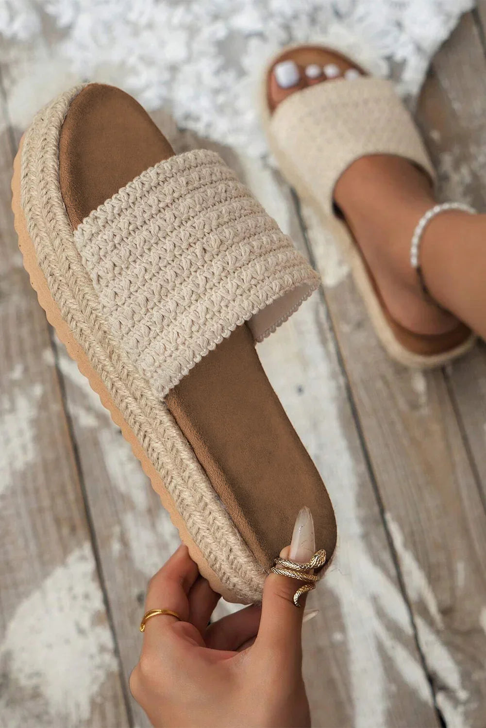 White Boho Single Band Slippers - Piña Colada