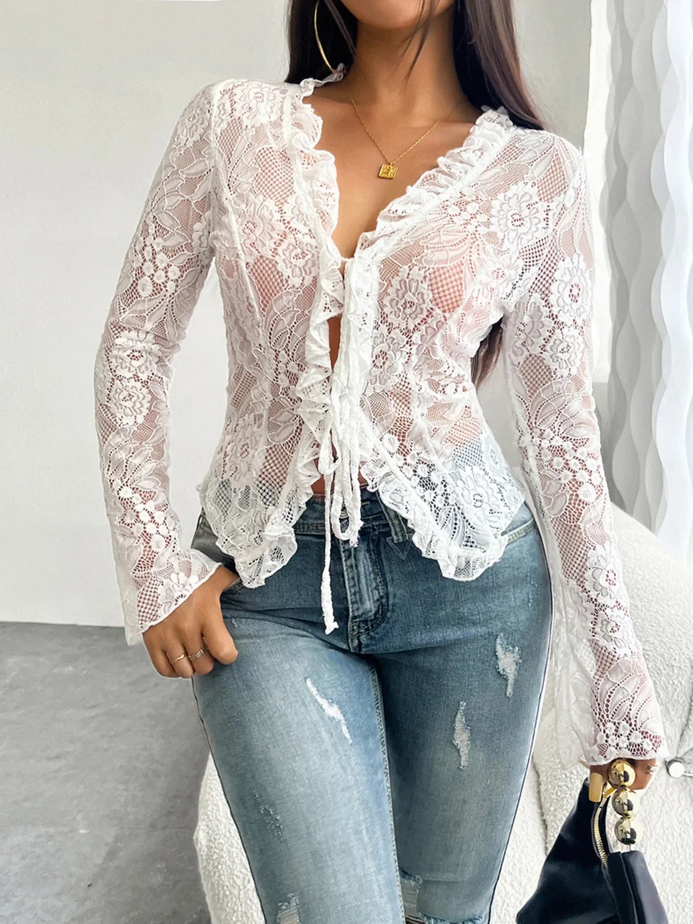 Tie Front Long Sleeve Lace Top - Piña Colada