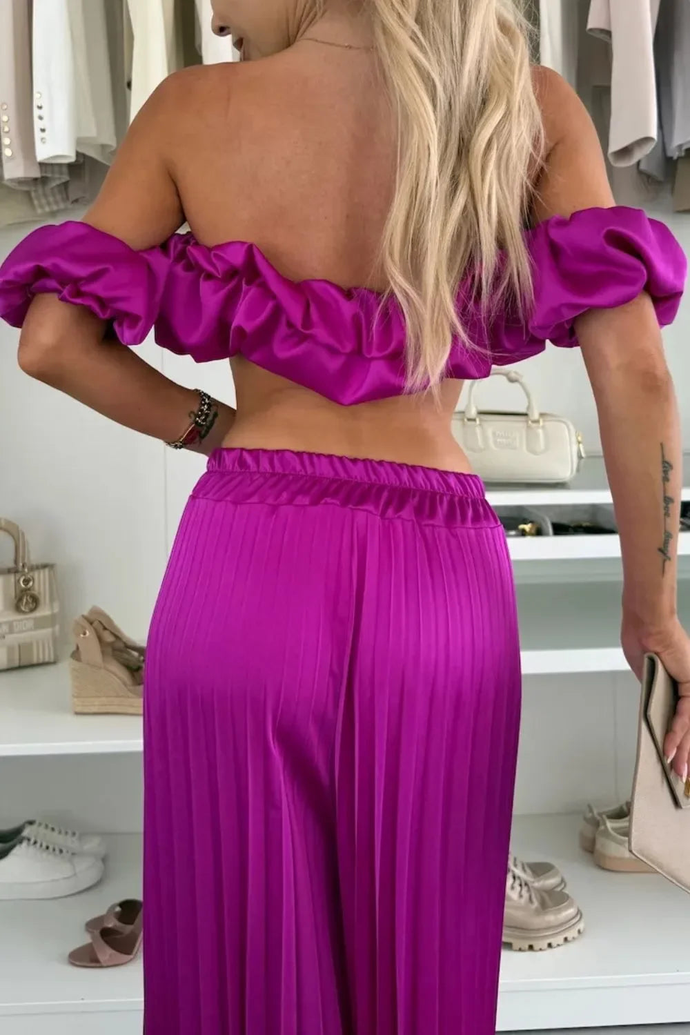 Off-Shoulder Top and Pleated Pants Set - Piña Colada