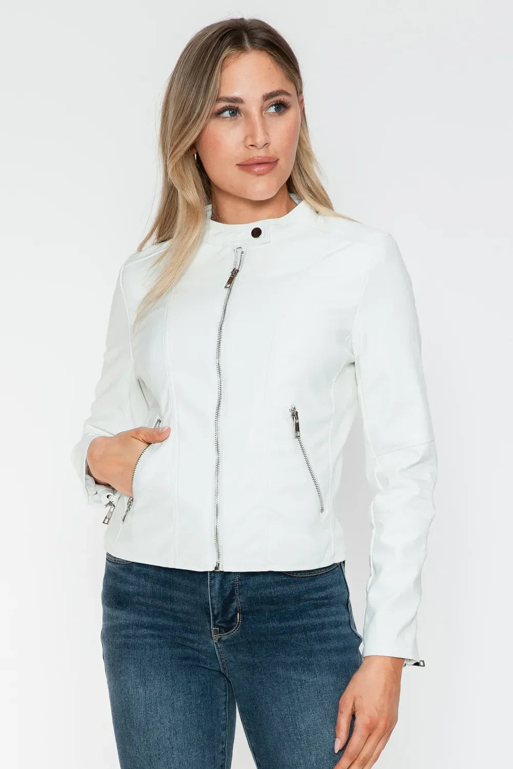 Snobbish PU Leather Zip Up Jacket with Pockets - Piña Colada