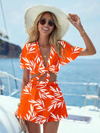 Printed Tie Front Top and Shorts Set - Piña Colada