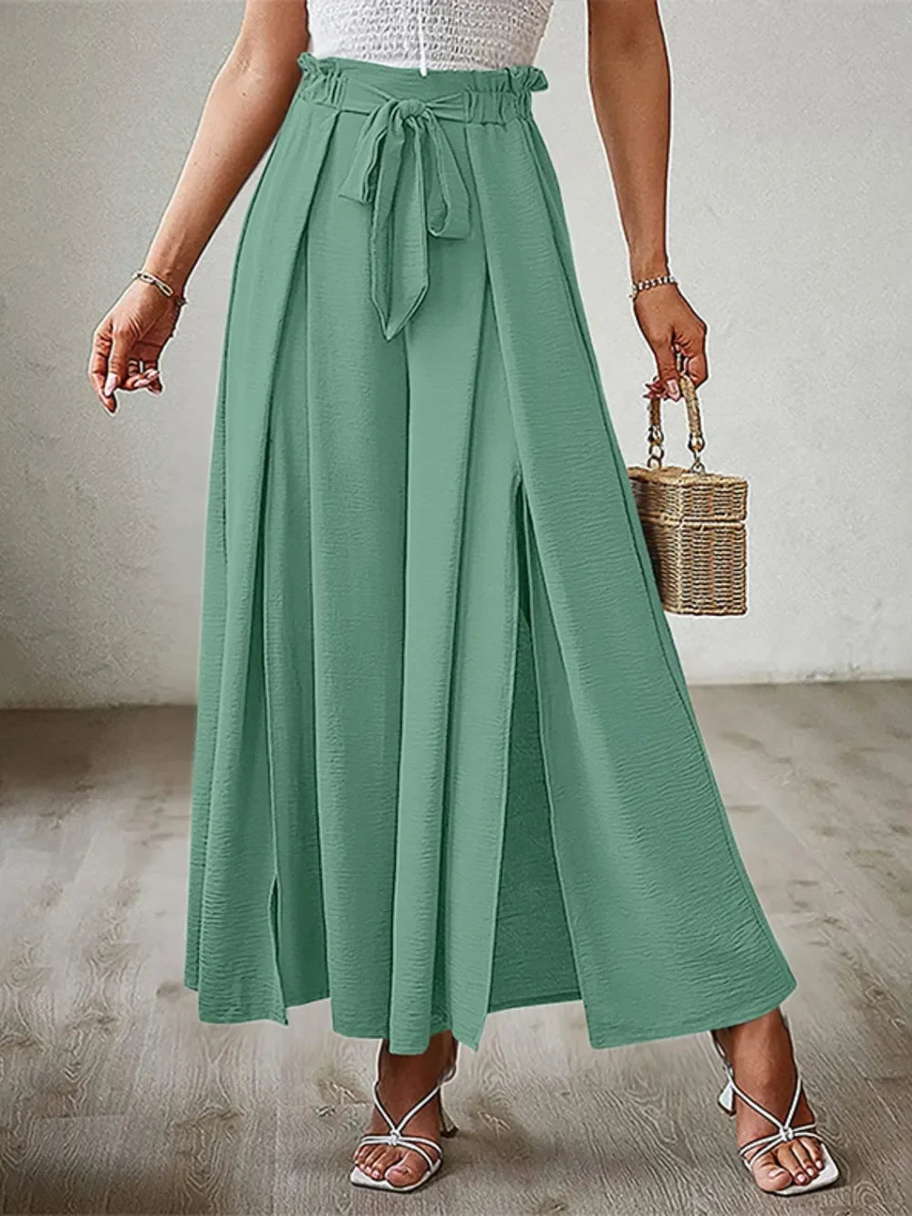 Tied Slit Wide Leg Pants - Piña Colada