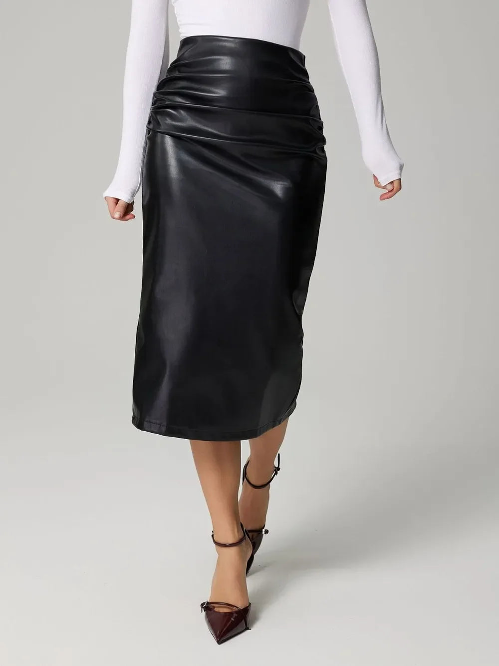 Slit Back Ruched Midi Skirt - Piña Colada
