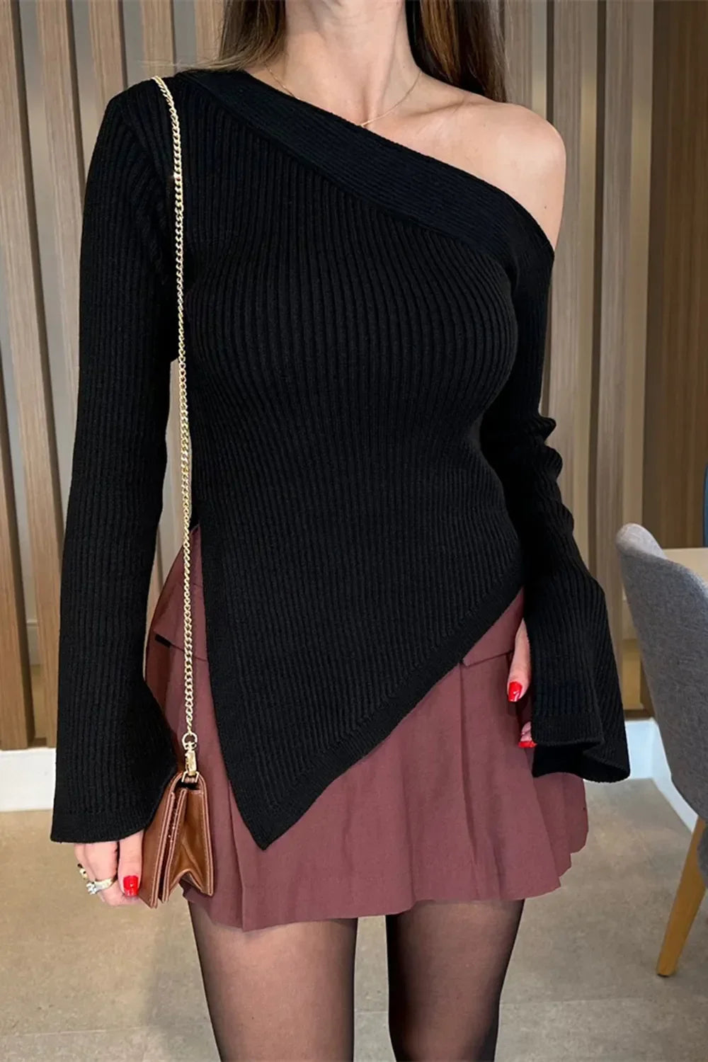 Asymmetric Hem Single Shoulder Sweater - Piña Colada
