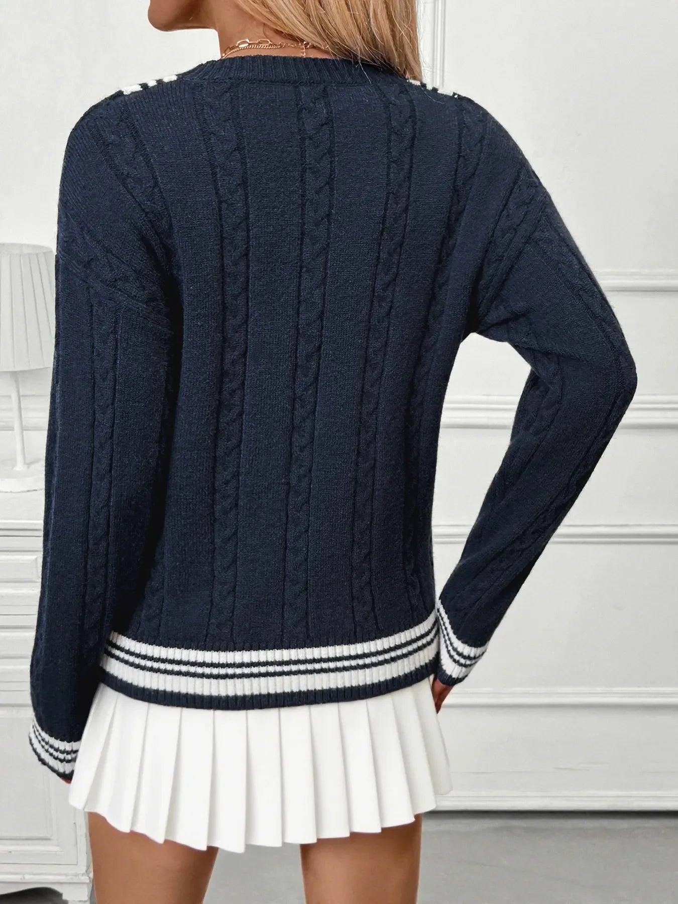 Contrast Striped V-Neck Sweater - Piña Colada