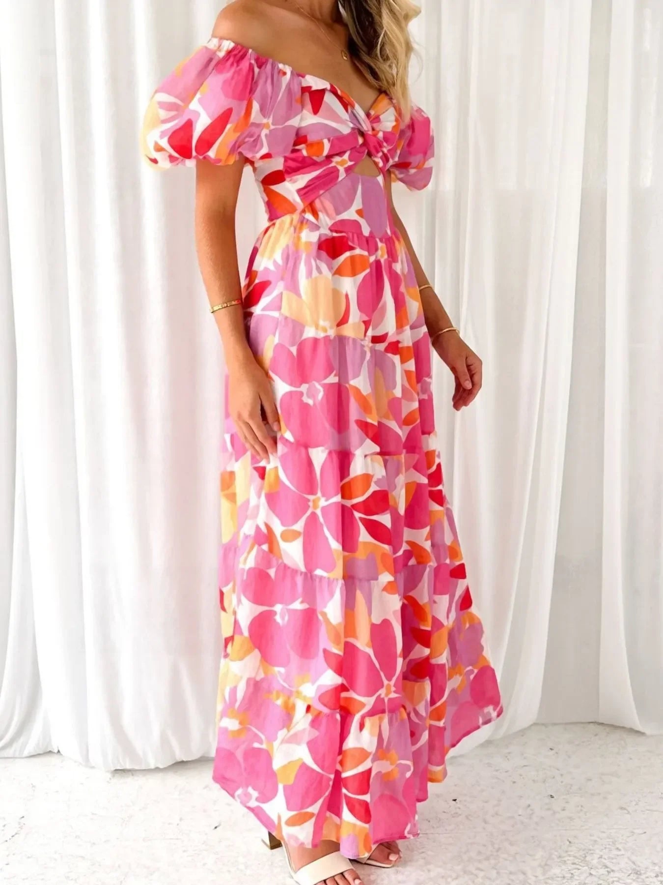 Off-Shoulder Floral Tiered Dress with Ruffle Details - Piña Colada
