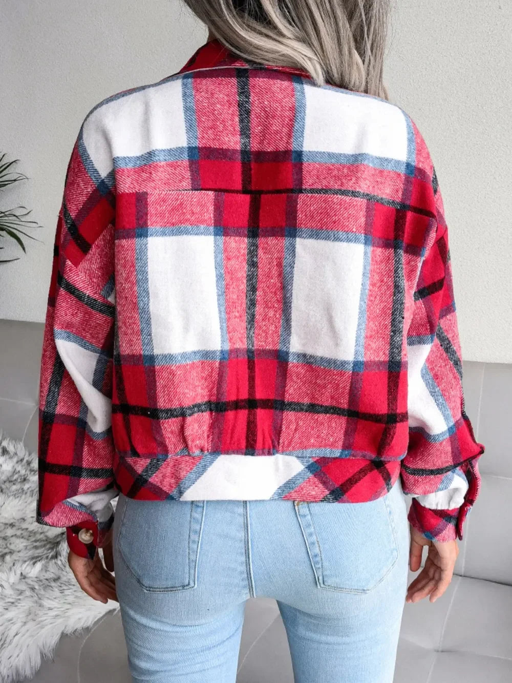 Plaid Collared Neck Long Sleeve Jacket - Piña Colada