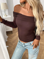 Off-Shoulder Long Sleeve Fitted T-Shirt - Piña Colada