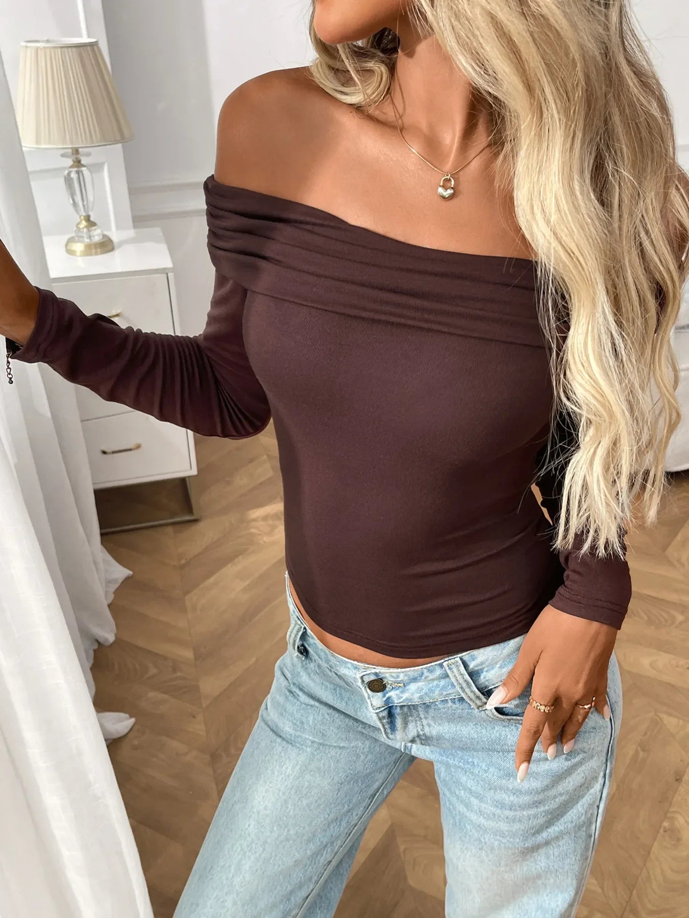 Off-Shoulder Long Sleeve Fitted T-Shirt - Piña Colada