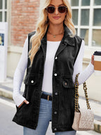 Button Up Collared Neck Denim Jacket with Pockets - Piña Colada