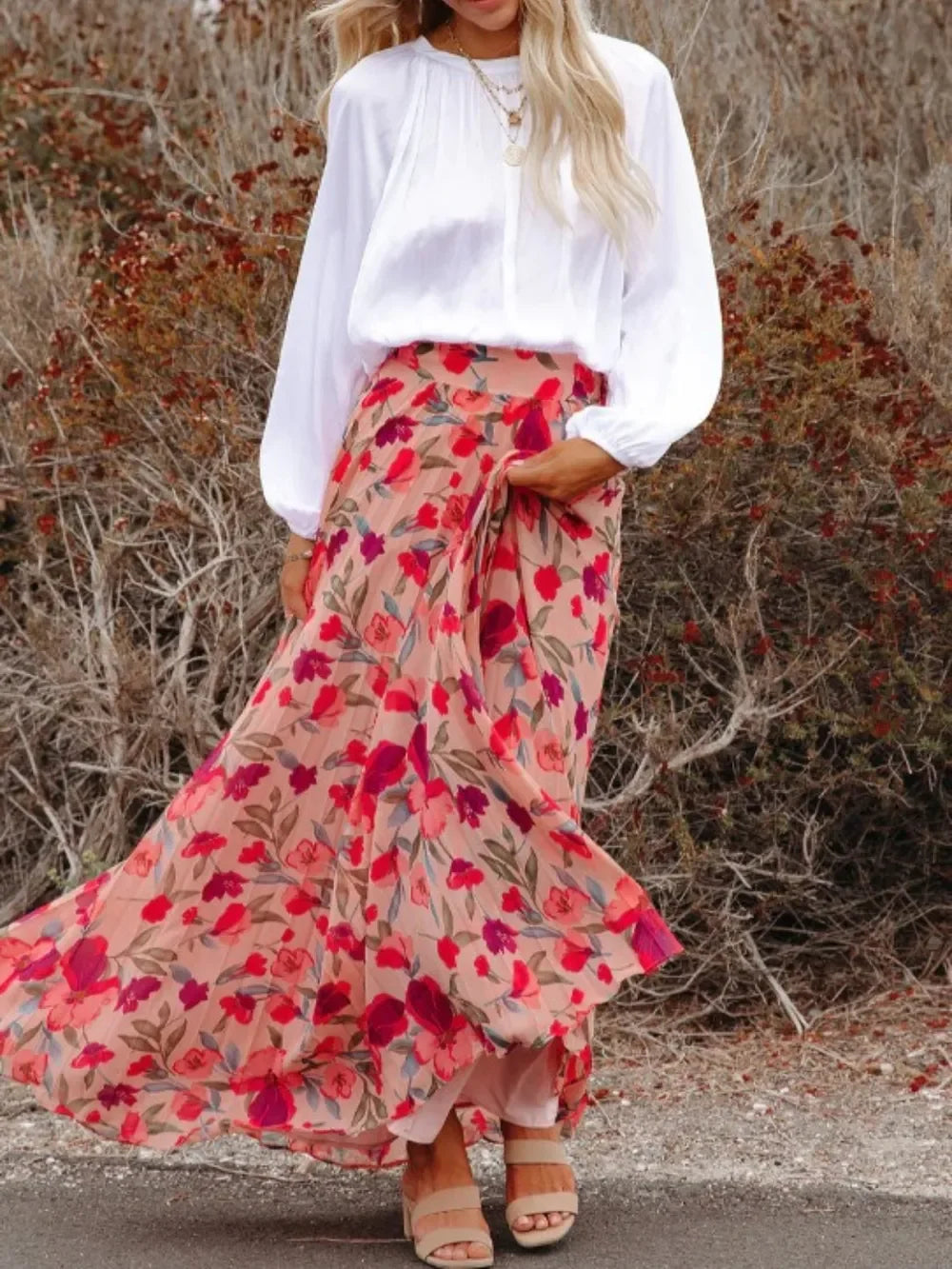Printed Elastic Waist Pleated Maxi Skirt - Piña Colada