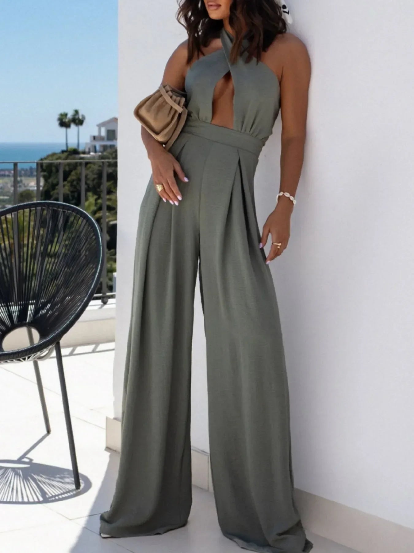 Wide Leg Cutout Halter Neck Jumpsuit - Piña Colada