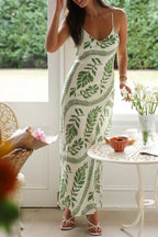 Leaf Print Slit V-Neck Midi Cami Dress - Piña Colada
