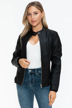 Snobbish Faux Leather Biker Jacket with Side Zip Pockets - Piña Colada