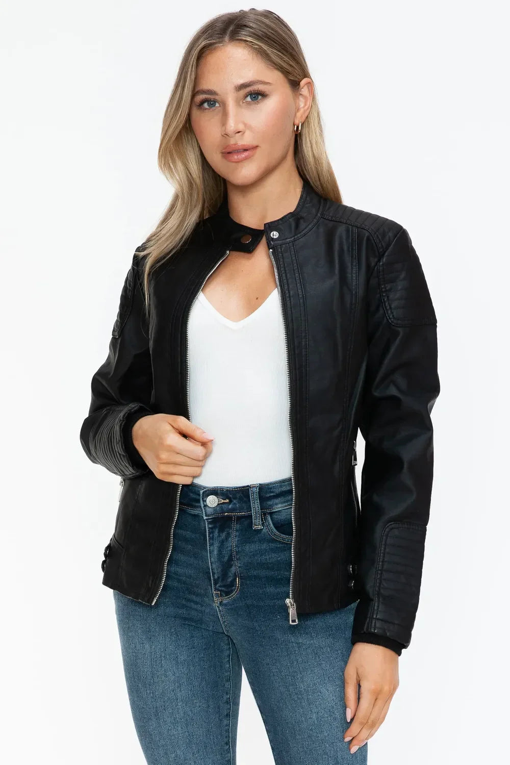 Snobbish Faux Leather Biker Jacket with Side Zip Pockets - Piña Colada