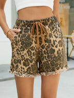 Raw Hem Drawstring Leopard Denim Shorts - Piña Colada