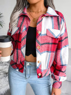 Plaid Collared Neck Long Sleeve Jacket - Piña Colada