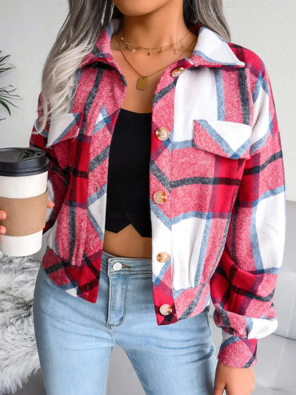 Plaid Collared Neck Long Sleeve Jacket - Piña Colada