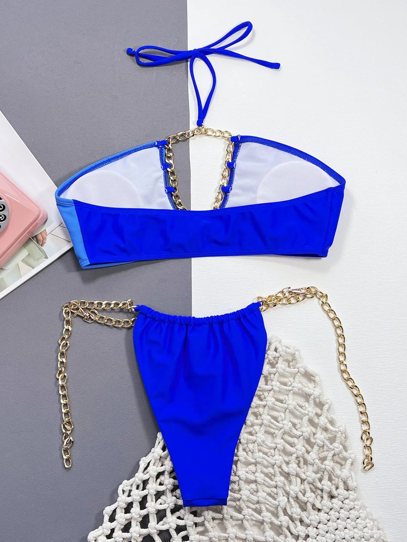 Chain Detail Halter Neck Bikini Set - Piña Colada