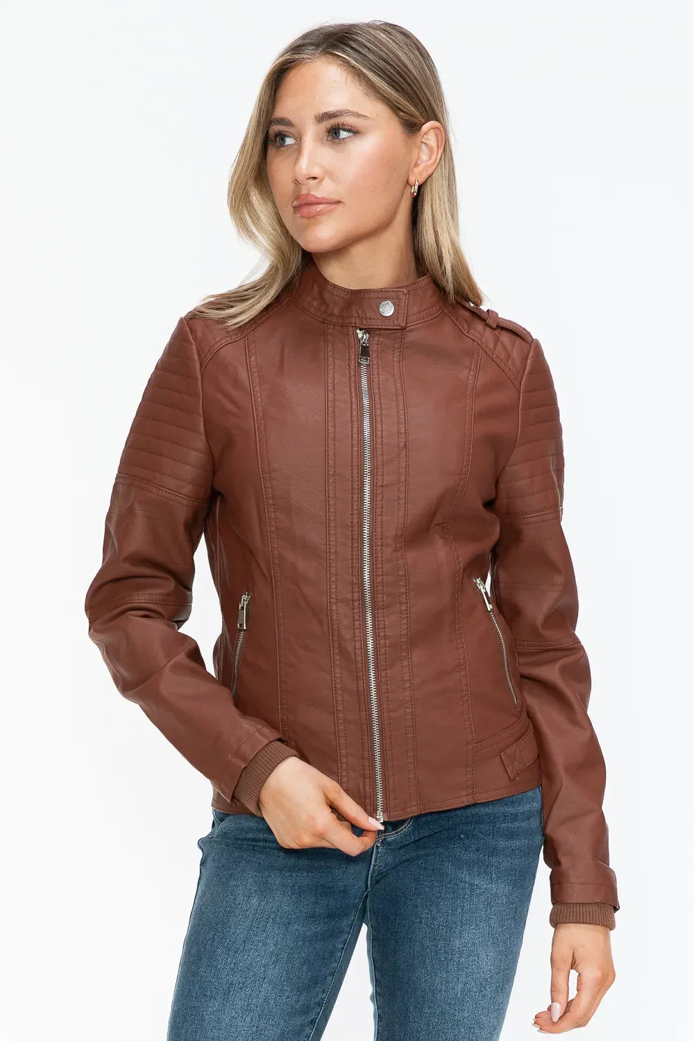 Snobbish PU Leather Biker Jacket with Side Zip Pockets - Piña Colada