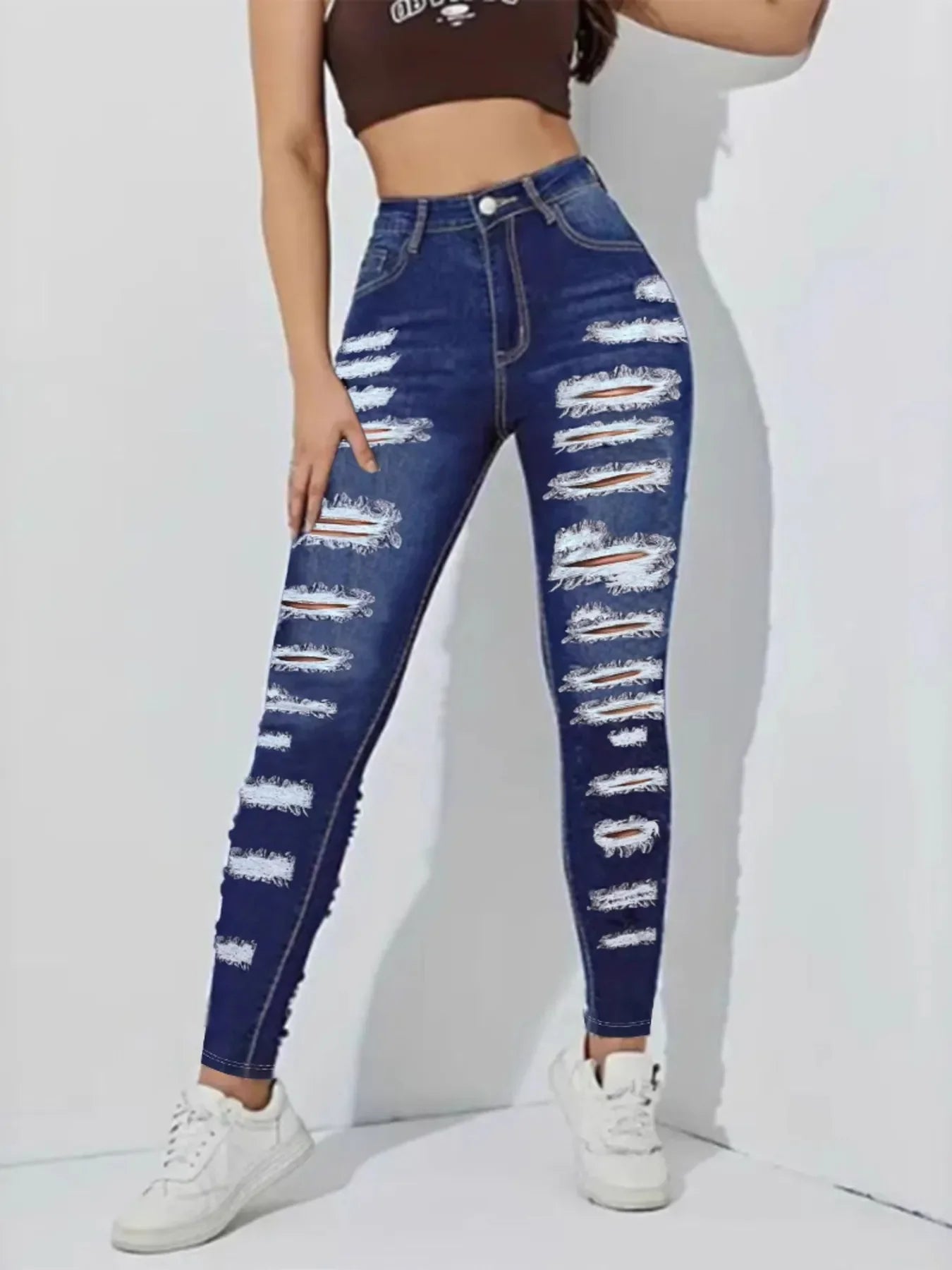 High Waisted Distressed Skinny Jeans - Piña Colada