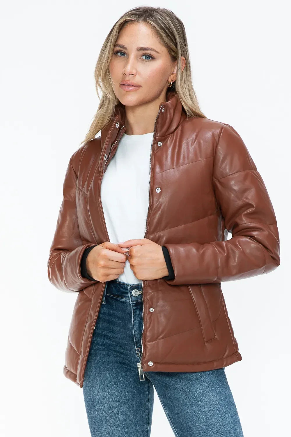 Snobbish Pocketed Zip Up Turtleneck Puffer Jacket - Piña Colada