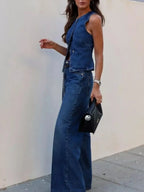 Button Down Vest and Flare Jeans Denim Set - Piña Colada