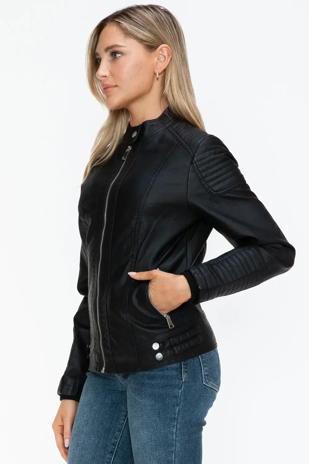 Snobbish Faux Leather Biker Jacket with Side Zip Pockets - Piña Colada