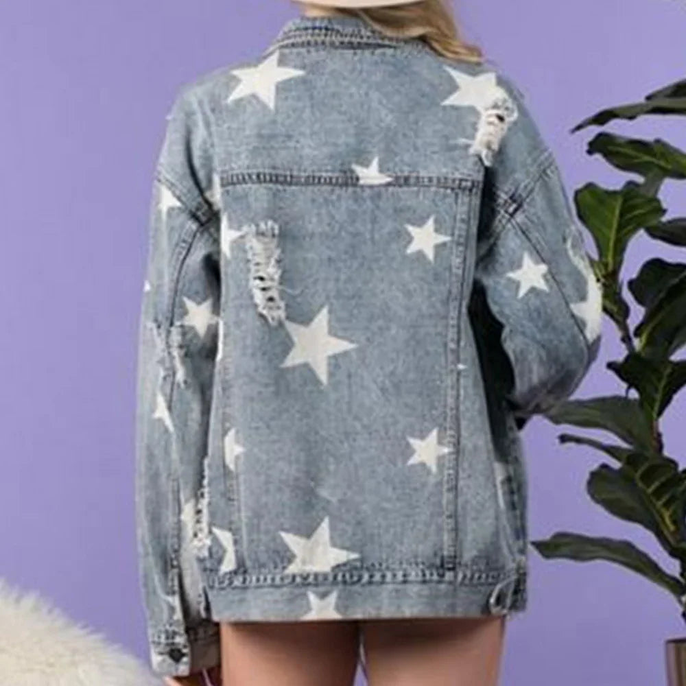 Star Distressed Denim Shacket - Piña Colada