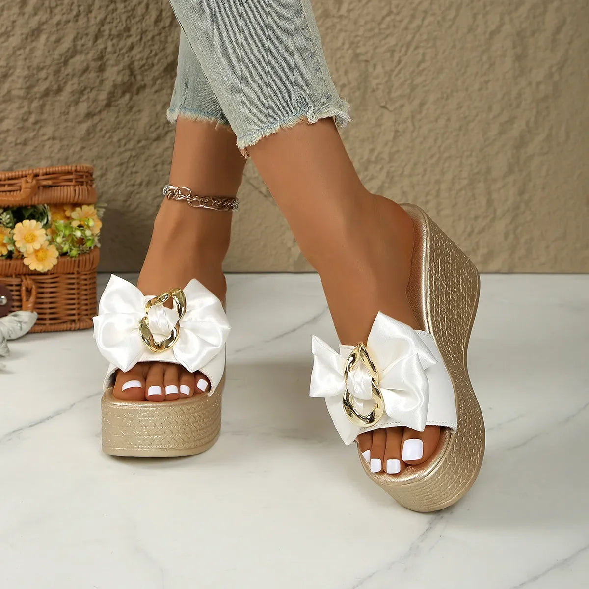 Bow Open Toe Platform Sandals - Piña Colada