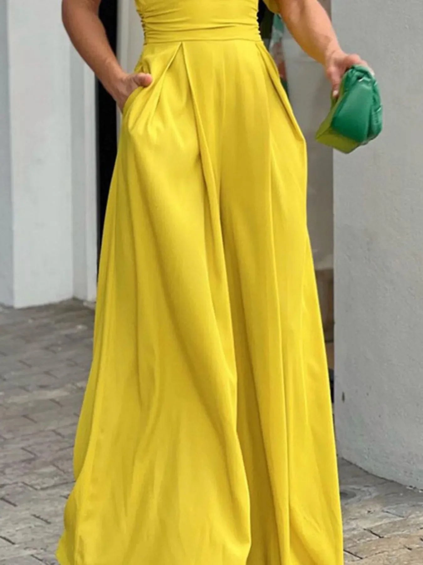 Full Size Cutout V-Neck Puff Sleeve Jumpsuit Plus Size - Piña Colada