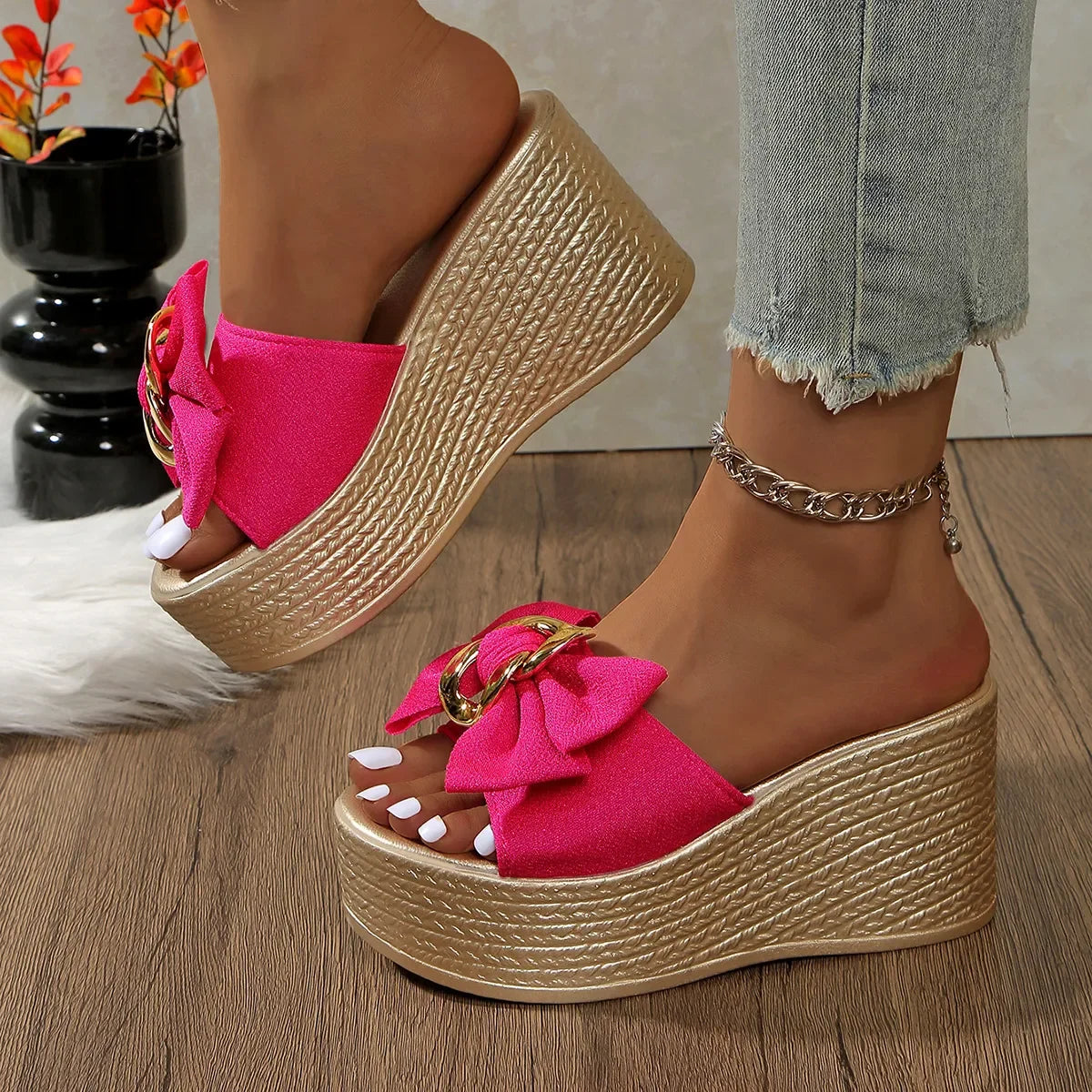 Bow Open Toe Platform Sandals - Piña Colada