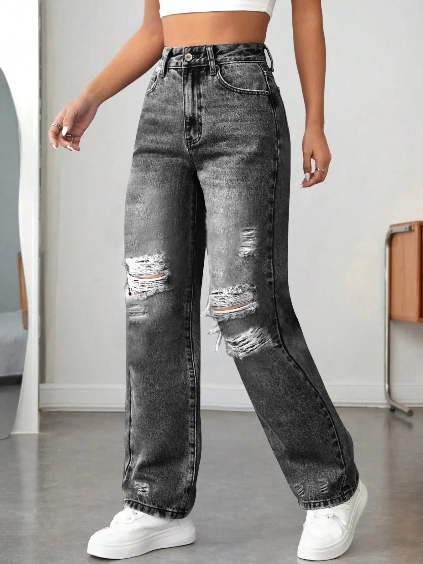 Distressed High Waisted Jeans - Piña Colada