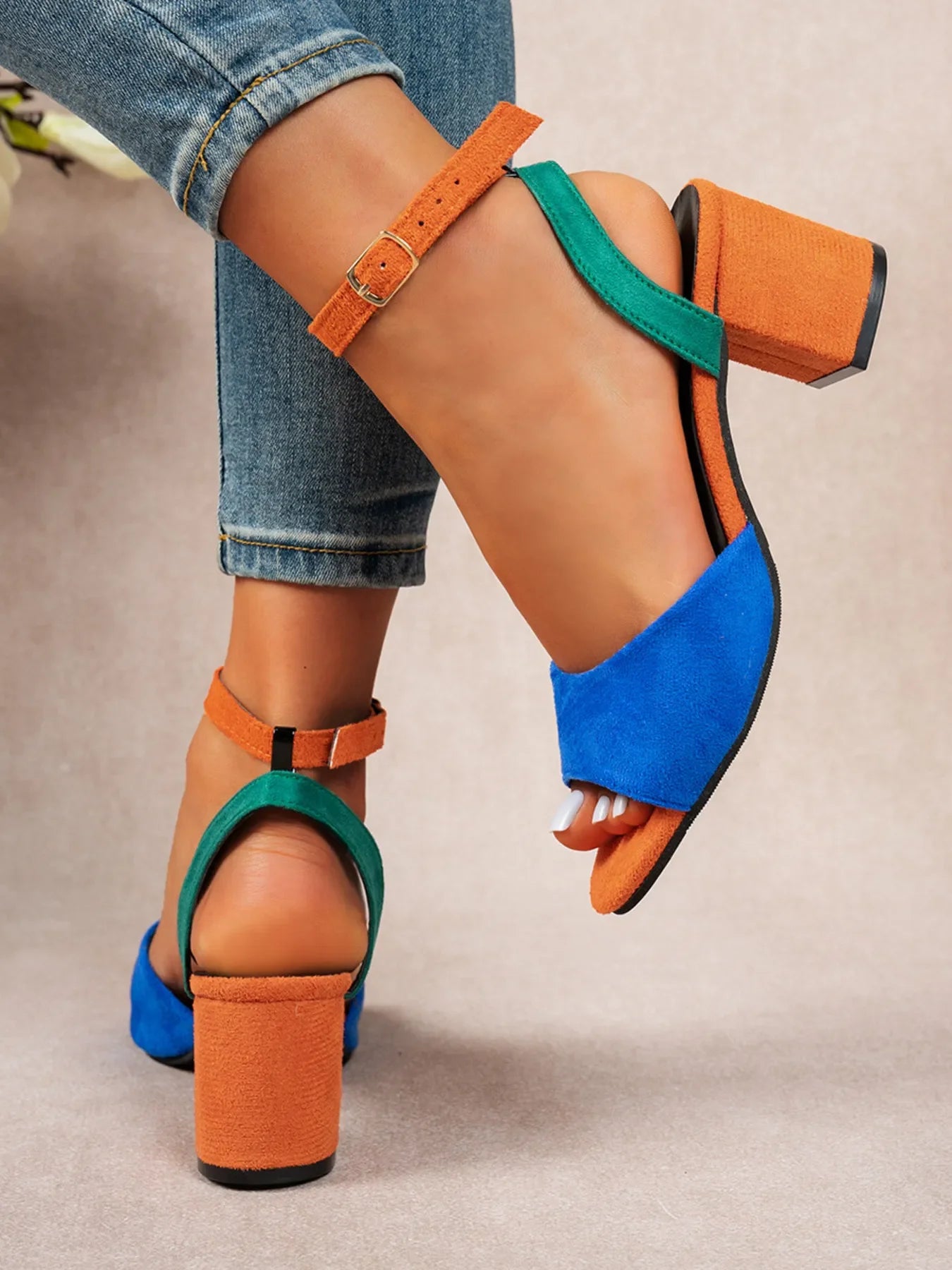 Colorblock Chunky Heel Ankle Strap Sandals - Piña Colada