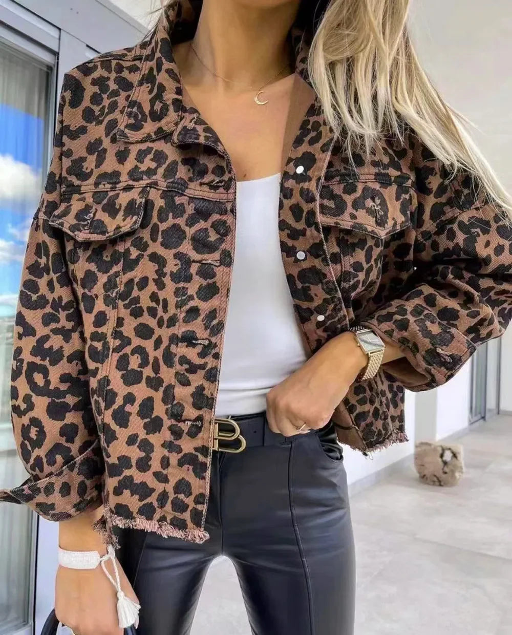 Raw Hem Leopard Collared Neck Denim Jacket - Piña Colada