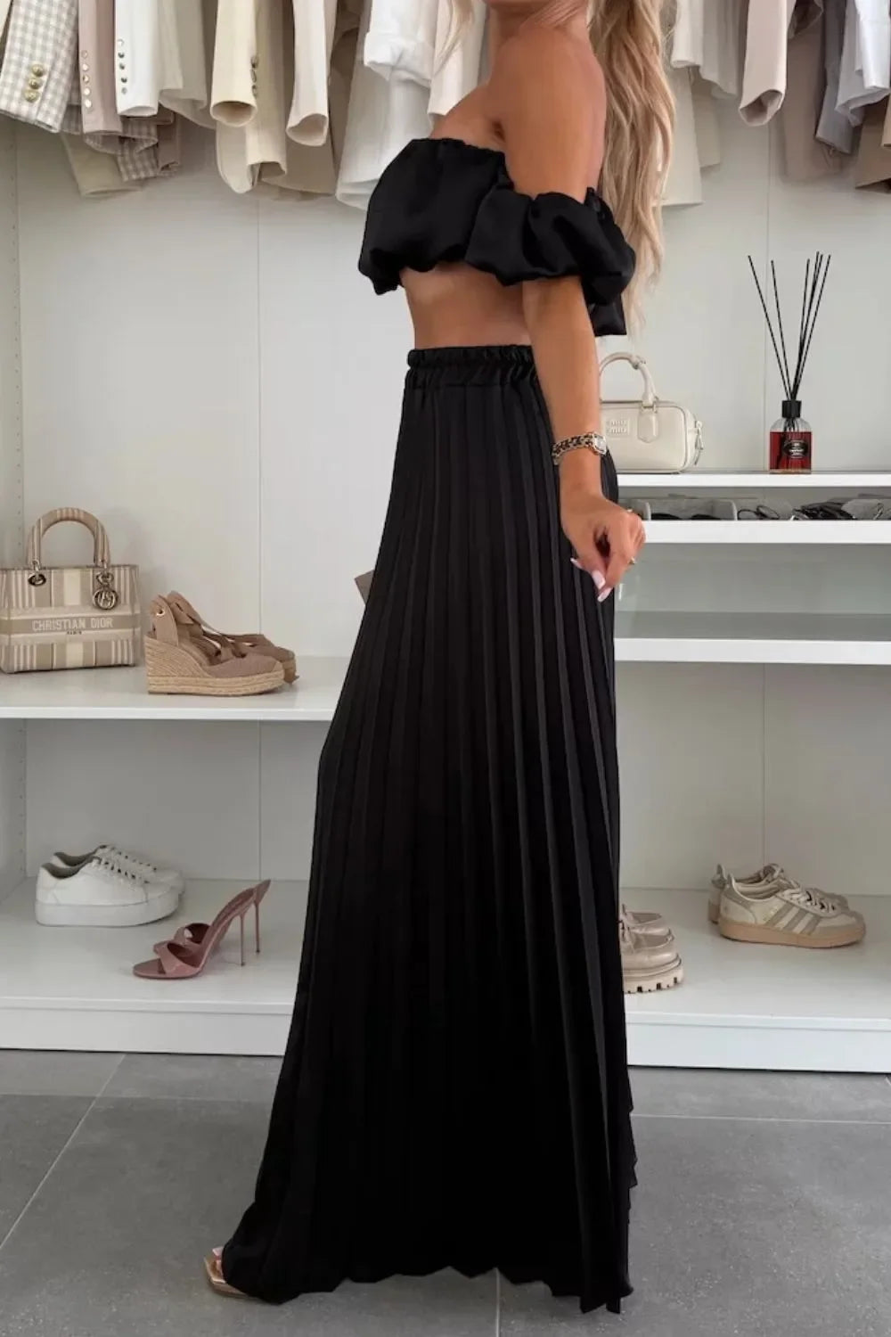 Off-Shoulder Top and Pleated Pants Set - Piña Colada