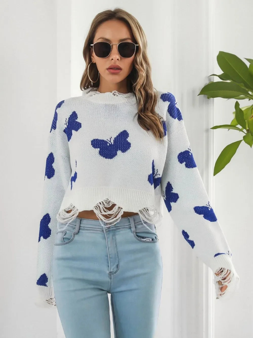 Distressed Butterfly Cropped Sweater - Piña Colada