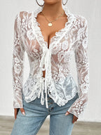 Tie Front Long Sleeve Lace Top - Piña Colada