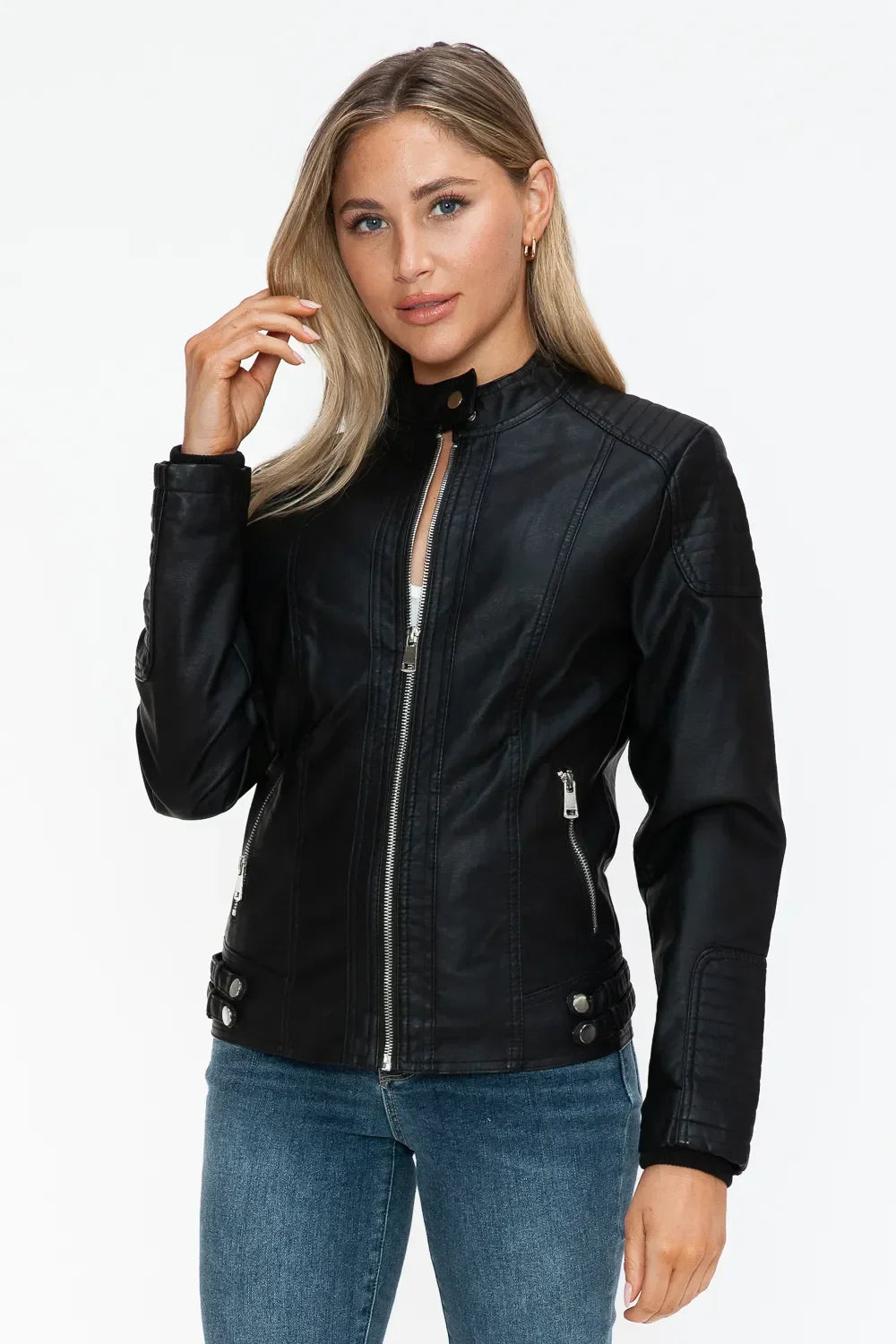 Snobbish Faux Leather Biker Jacket with Side Zip Pockets - Piña Colada