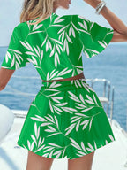 Printed Tie Front Top and Shorts Set - Piña Colada