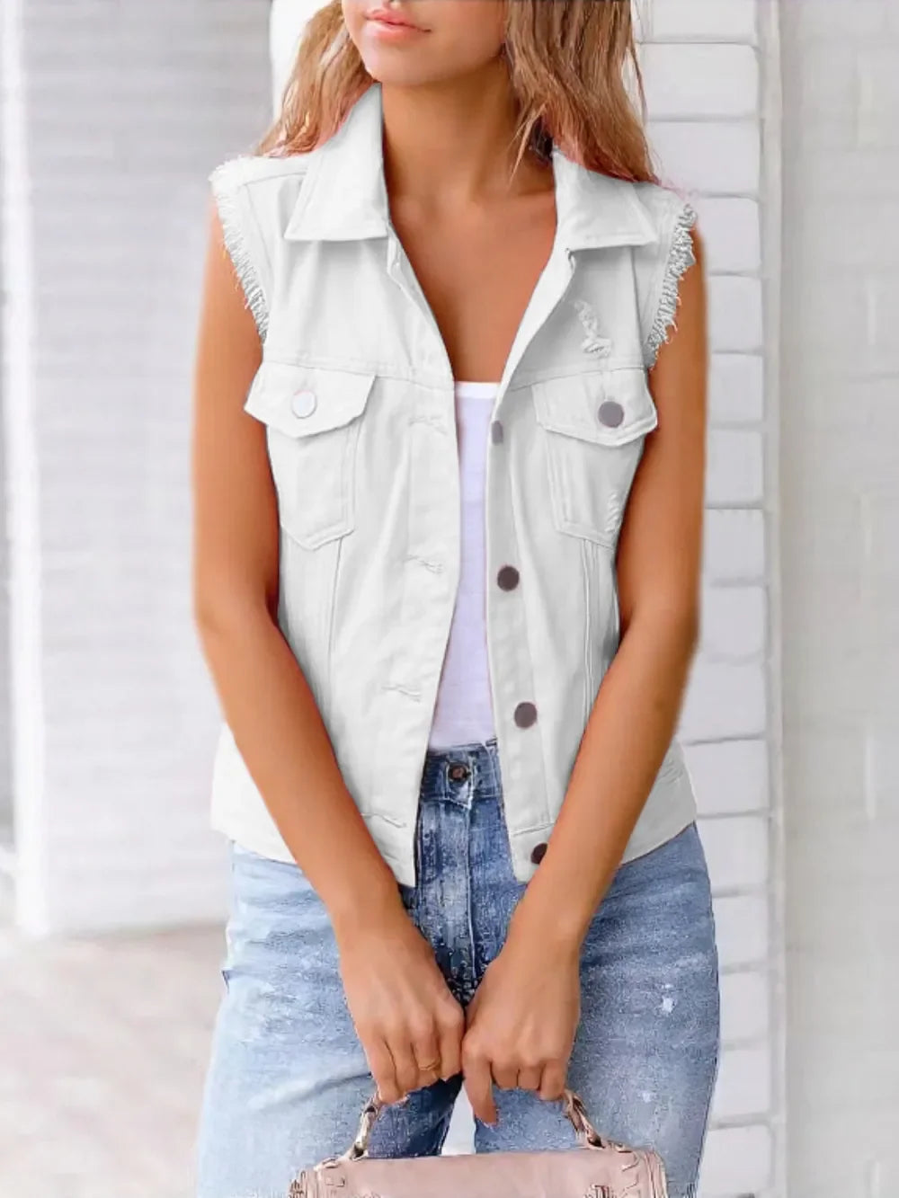 Full Size Button Down Raw Hem Sleeveless Denim Jacket Plus Size - Piña Colada