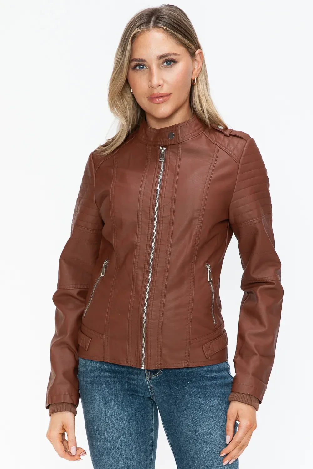 Snobbish PU Leather Biker Jacket with Side Zip Pockets - Piña Colada