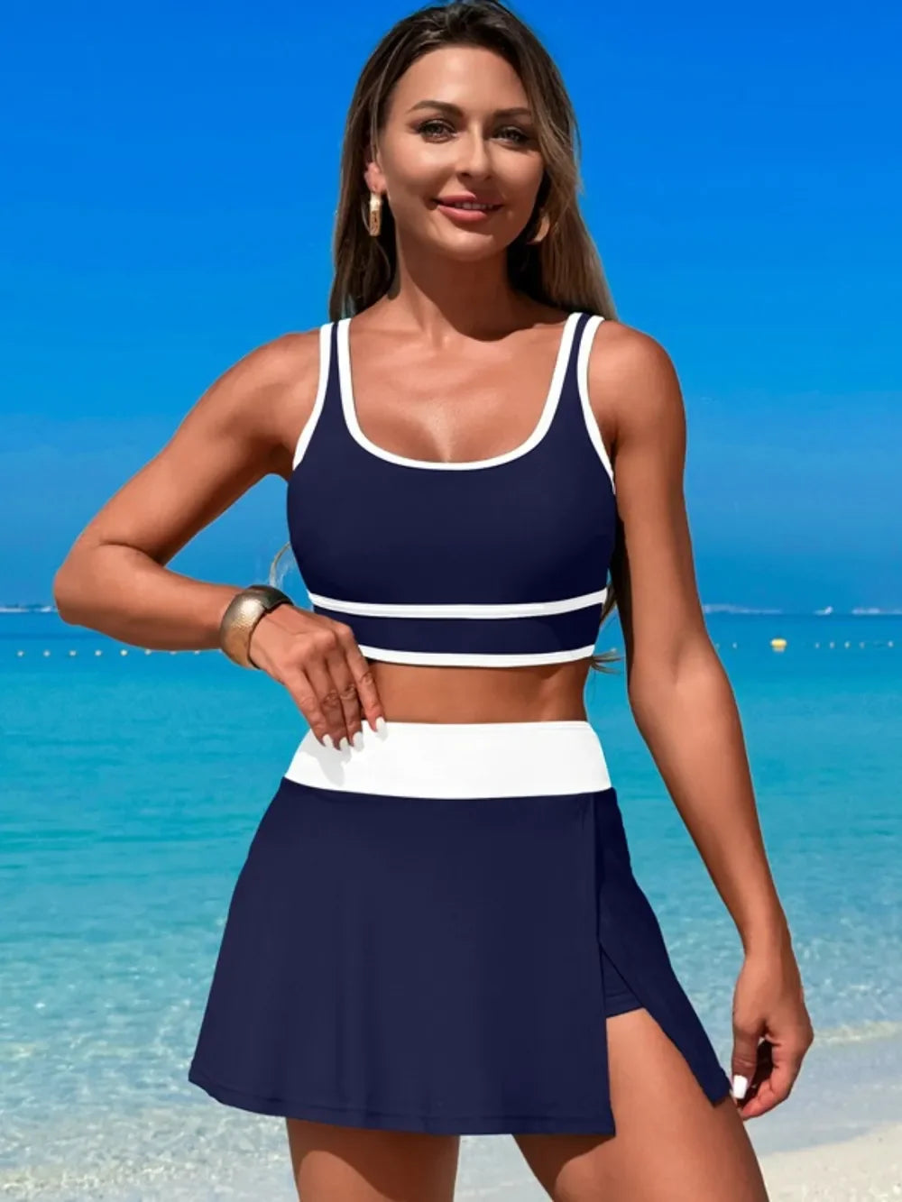Scoop Neck Top and Skort Swim Set - Piña Colada